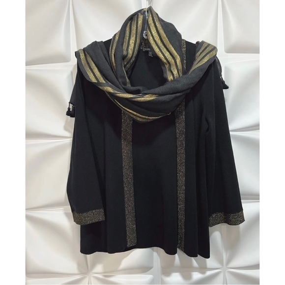 Eileen Fisher Womens Sz PM P M Black Gold ITALIAN Wool Cardigan Tassel Scarf Set - Picture 13 of 16